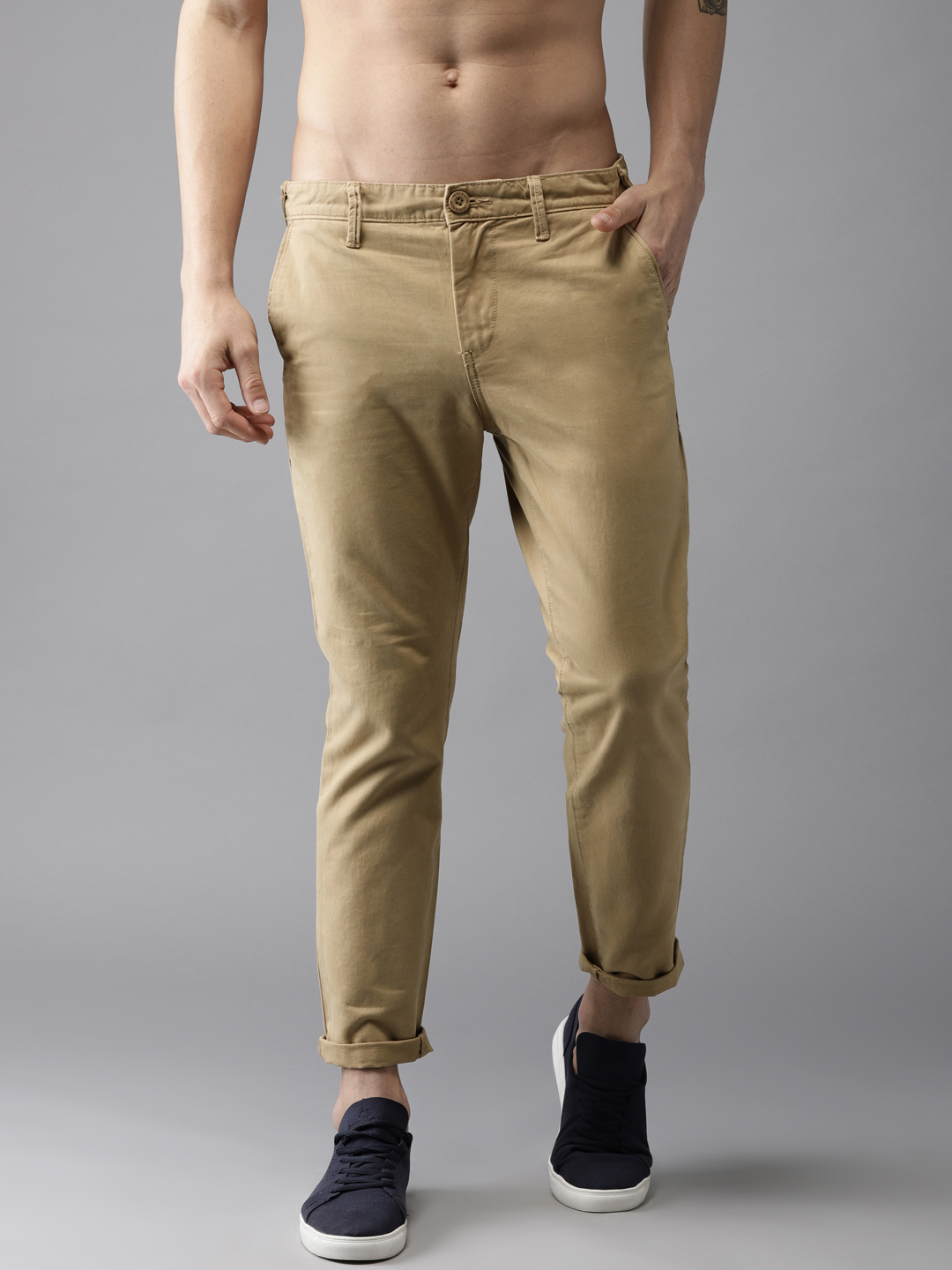 Buy Khaki Cotton Regular Fit Solid AnkleLength Trousers online   Looksgudin